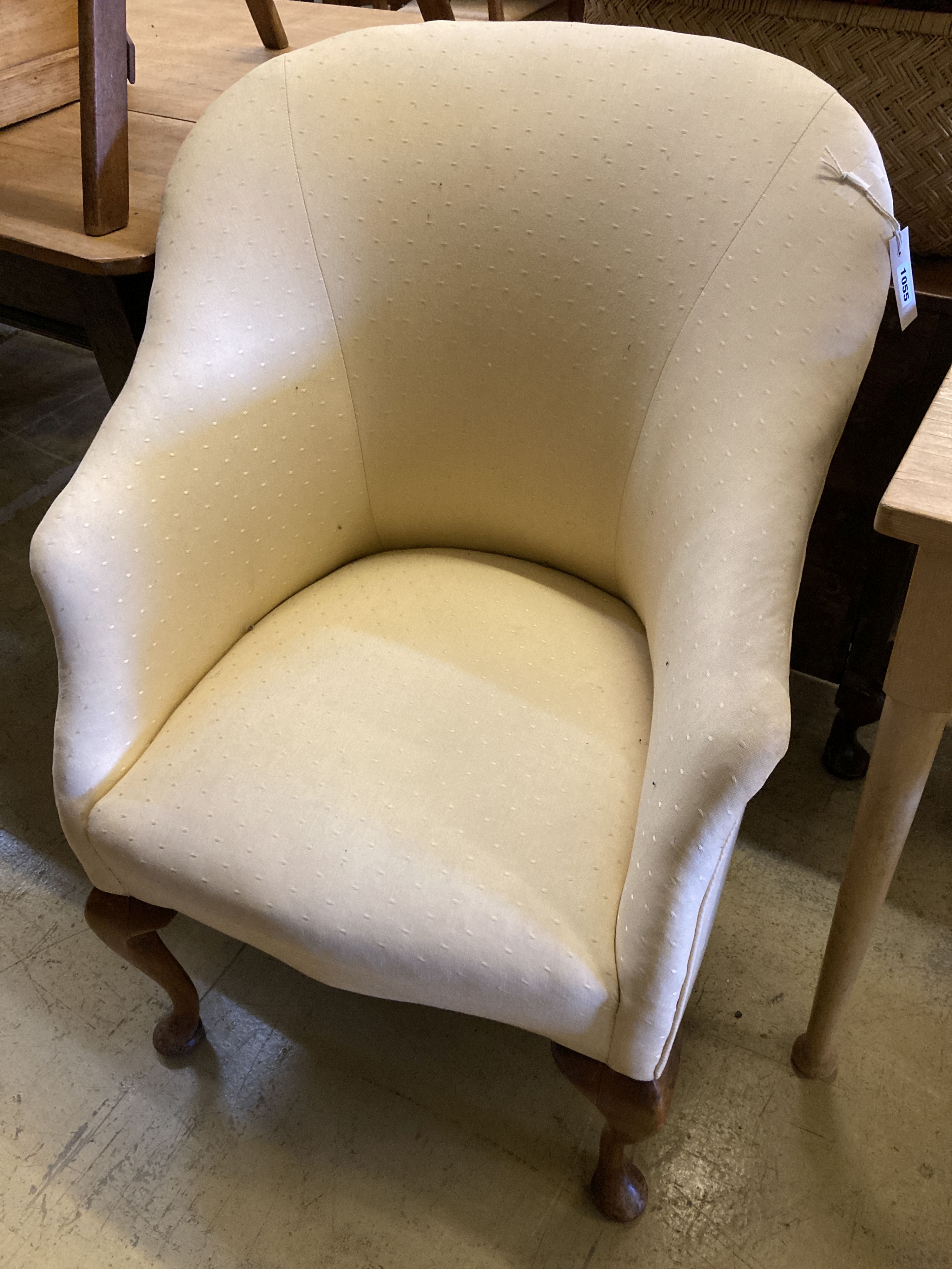 A Queen Anne style armchair with cabriole legs and pale yellow upholstery, width 62cm, depth 56cm, height 90cm